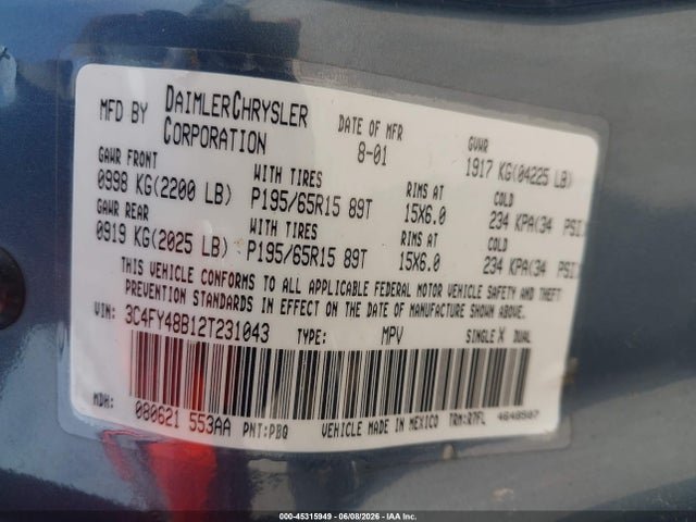Aukcja sprzedaży 2002 Chrysler Pt Cruiser, vin: 3C4FY48B12T231043, numer aukcji: 45315949