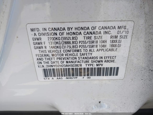 Продажа на аукционе авто 2010 Acura Mdx, vin: 2HNYD2H23AH503828, номер лота: 45315951