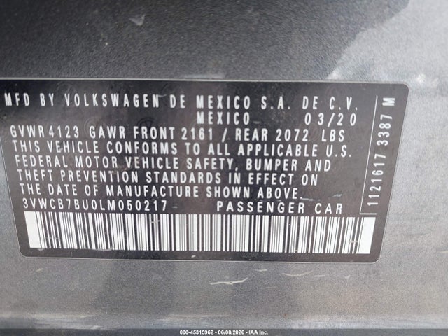 Продаж на аукціоні авто 2020 Volkswagen Jetta 1.4t R-line/1.4t S/1.4t Se, vin: 3VWCB7BU0LM050217, номер лоту: 45315962