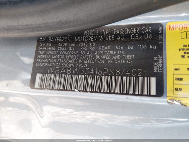 Aukcja sprzedaży 2006 Bmw 325ci, vin: WBABW33416PX87402, numer aukcji: 45315969
