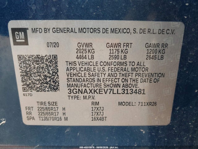 3GNAXKEV7LL313481 Chevrolet Equinox Fwd Lt 1.5l Turbo