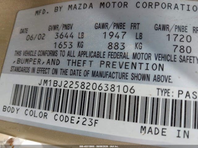 2002 Mazda Protege Dx/es/lx მანქანა იყიდება აუქციონზე, vin: JM1BJ225820638106, აუქციონის ნომერი: 45315985