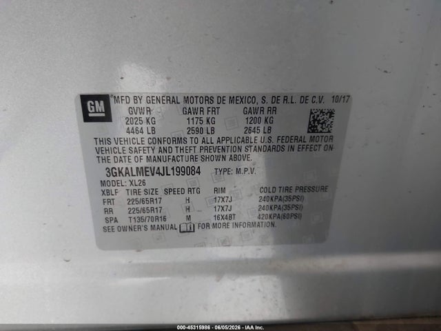 Продажа на аукционе авто 2018 Gmc Terrain Sle, vin: 3GKALMEV4JL199084, номер лота: 45315986