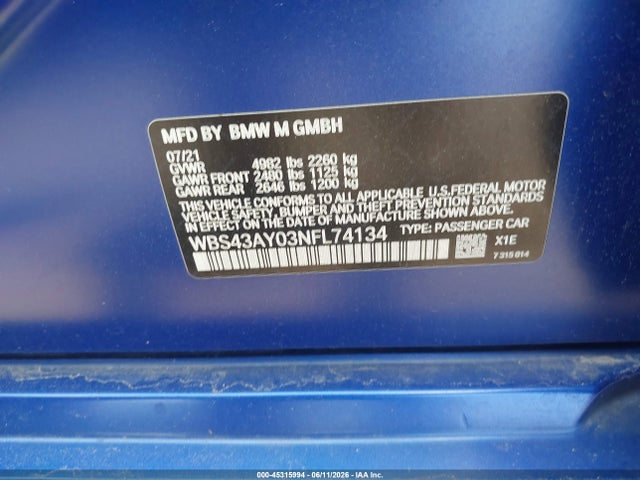 Продаж на аукціоні авто 2022 Bmw M3 Competition Xdrive, vin: WBS43AY03NFL74134, номер лоту: 45315994