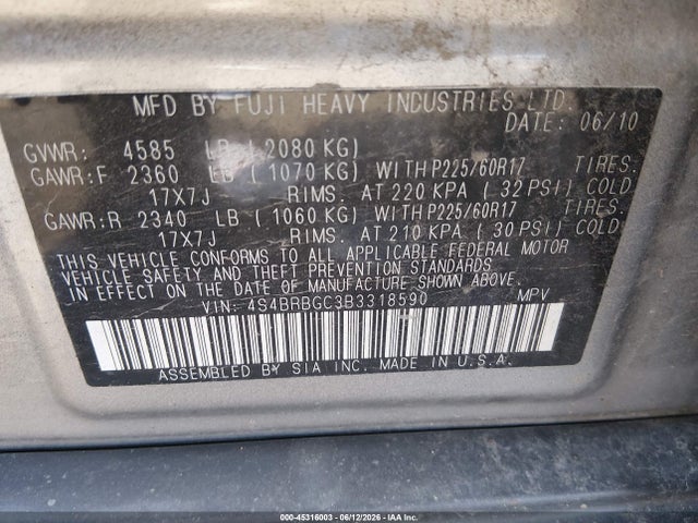Aukcja sprzedaży 2011 Subaru Outback 2.5i Premium, vin: 4S4BRBGC3B3318590, numer aukcji: 45316003