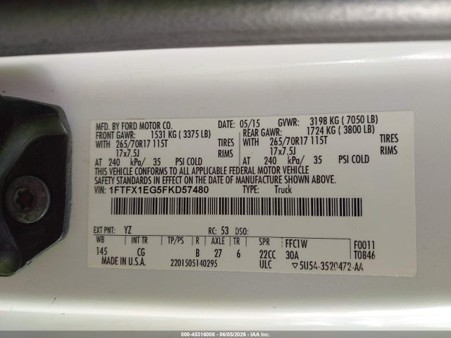 Aukcja sprzedaży 2015 Ford F-150 Xl, vin: 1FTFX1EG5FKD57480, numer aukcji: 45316008