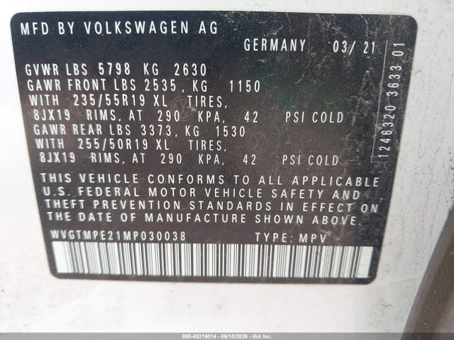 2021 Volkswagen Id.4 Pro S მანქანა იყიდება აუქციონზე, vin: WVGTMPE21MP030038, აუქციონის ნომერი: 45316014