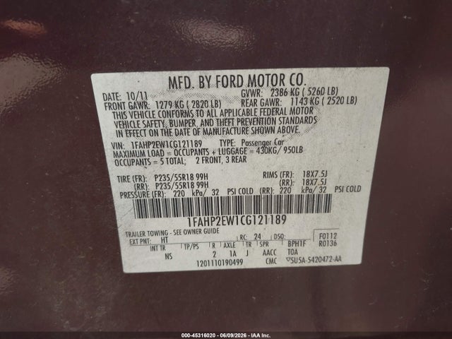 45316020 :رقم المزاد ، 1FAHP2EW1CG121189 vin ، 2012 Ford Taurus Sel مزاد بيع