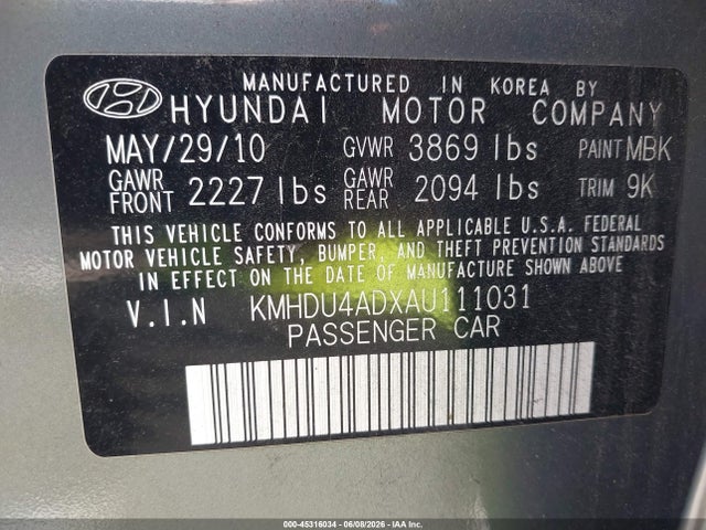 2010 Hyundai Elantra Gls მანქანა იყიდება აუქციონზე, vin: KMHDU4ADXAU111031, აუქციონის ნომერი: 45316034