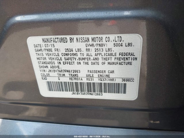 Aukcja sprzedaży 2015 Infiniti Q50, vin: JN1BV7AR7FM412663, numer aukcji: 45316050