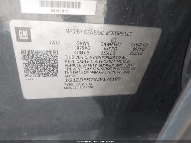 2018 Chevrolet Malibu Lt მანქანა იყიდება აუქციონზე, vin: 1G1ZD5ST8JF174180, აუქციონის ნომერი: 45316057