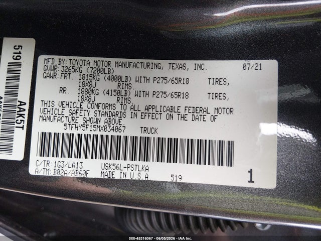 5TFHY5F15MX034067 Toyota Tundra Limited