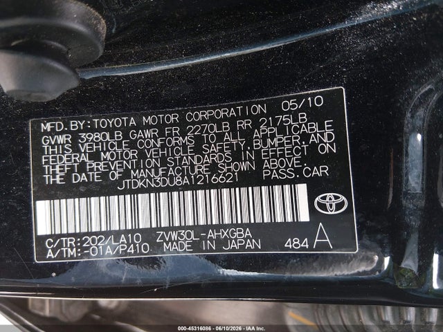 Aukcja sprzedaży 2010 Toyota Prius Iv, vin: JTDKN3DU8A1216621, numer aukcji: 45316086