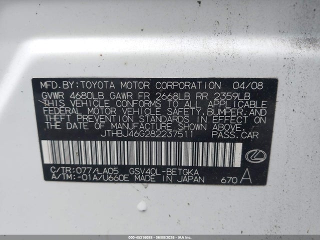Продажа на аукционе авто 2008 Lexus Es 350, vin: JTHBJ46G282237511, номер лота: 45316088