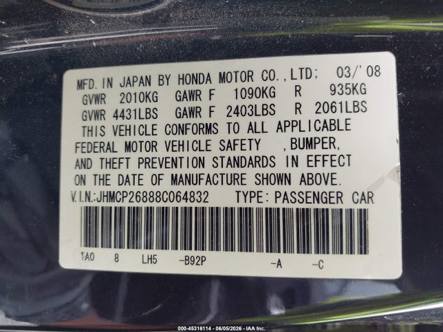 Aukcja sprzedaży 2008 Honda Accord 2.4 Ex-l, vin: JHMCP26888C064832, numer aukcji: 45316114