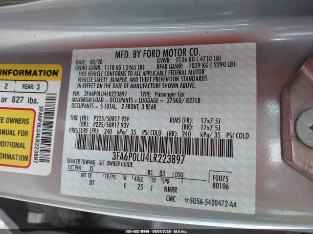 Aukcja sprzedaży 2020 Ford Fusion Hybrid Se, vin: 3FA6P0LU4LR223897, numer aukcji: 45316116