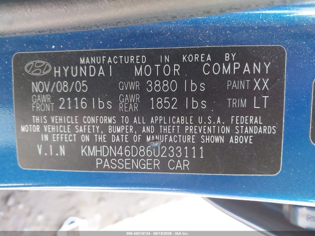 2006 Hyundai Elantra Gls/limited მანქანა იყიდება აუქციონზე, vin: KMHDN46D86U233111, აუქციონის ნომერი: 45316134