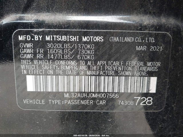 Aukcja sprzedaży 2021 Mitsubishi Mirage, vin: ML32AUHJ0MH007566, numer aukcji: 45316139
