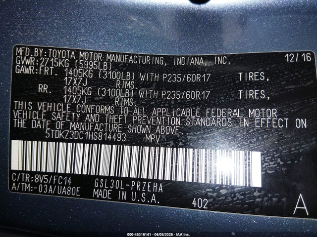 5TDKZ3DC1HS814493 Toyota Sienna Le 8 Passenger