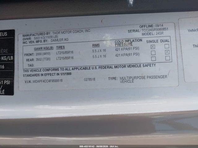 2015 Mercedes-benz Sprinter 3500 მანქანა იყიდება აუქციონზე, vin: WDAPF4CC4F9599518, აუქციონის ნომერი: 45316142