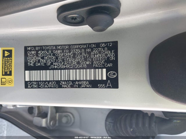 Aukcja sprzedaży 2012 Lexus Ct 200h Premium, vin: JTHKD5BH9C2120478, numer aukcji: 45316157