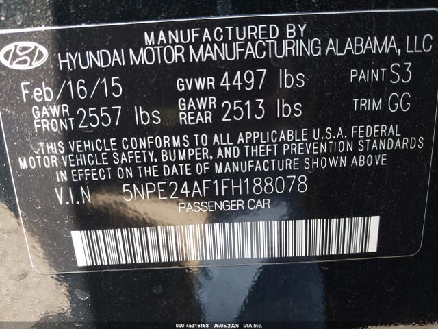 Auction sale of the 2015 Hyundai Sonata Se, vin: 5NPE24AF1FH188078, lot number: 45316168