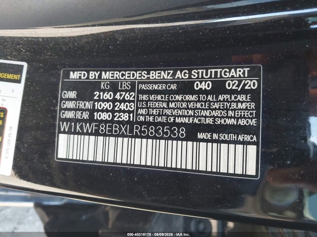 Aukcja sprzedaży 2020 Mercedes-benz C 300 4matic, vin: W1KWF8EBXLR583538, numer aukcji: 45316175