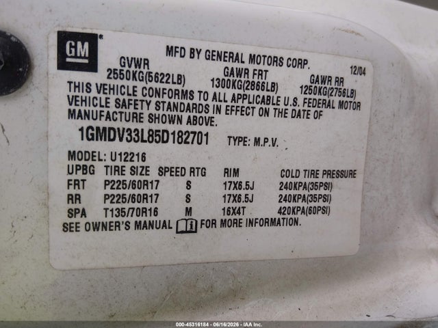 2005 Pontiac Montana Sv6 Fwd მანქანა იყიდება აუქციონზე, vin: 1GMDV33L85D182701, აუქციონის ნომერი: 45316184