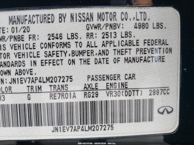 45316190 :رقم المزاد ، JN1EV7AP4LM207275 vin ، 2020 Infiniti Q50 Sport مزاد بيع