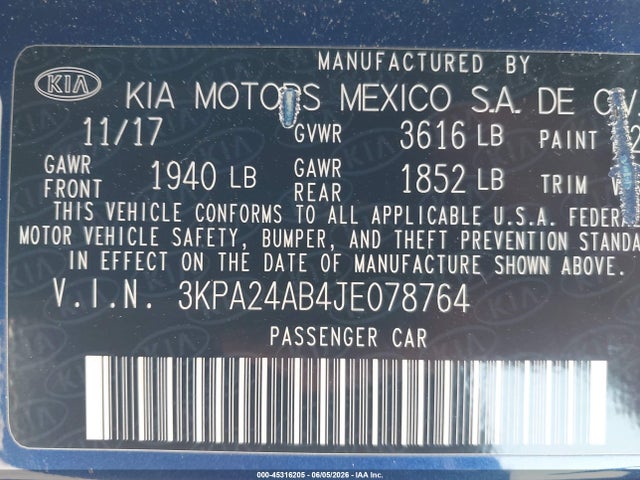 Продаж на аукціоні авто 2018 Kia Rio S, vin: 3KPA24AB4JE078764, номер лоту: 45316205