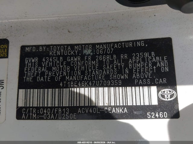 2007 Toyota Camry Le მანქანა იყიდება აუქციონზე, vin: 4T1BE46K47U709359, აუქციონის ნომერი: 45316210