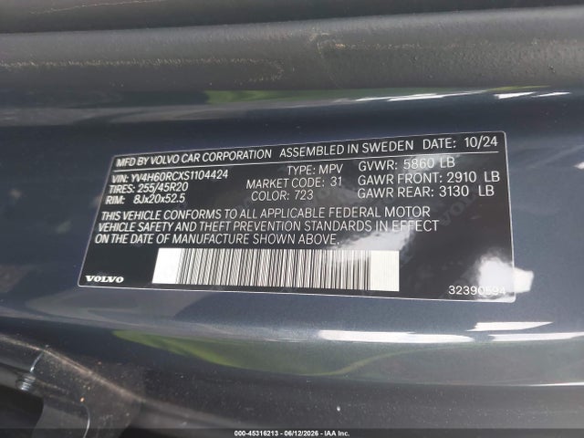 Продаж на аукціоні авто 2025 Volvo Xc60 Plug-in Hybrid Plus, T8 Awd Electric/gasoline, Dark, vin: YV4H60RCXS1104424, номер лоту: 45316213