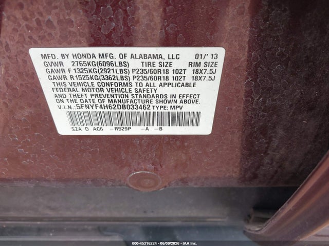 Aukcja sprzedaży 2013 Honda Pilot Ex-l, vin: 5FNYF4H62DB033462, numer aukcji: 45316224