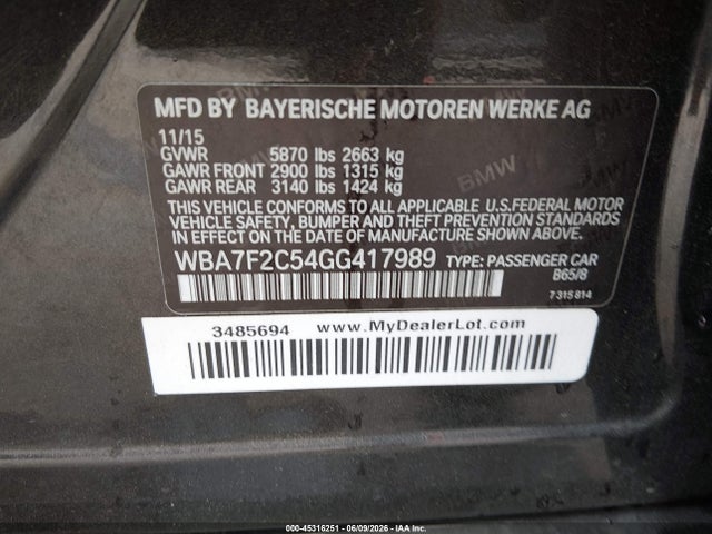 Aukcja sprzedaży 2016 Bmw 750i Xdrive, vin: WBA7F2C54GG417989, numer aukcji: 45316251