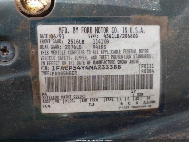 45316255 :رقم المزاد ، 1FACP54Y4MA233388 vin ، 1991 Ford Taurus Sho مزاد بيع