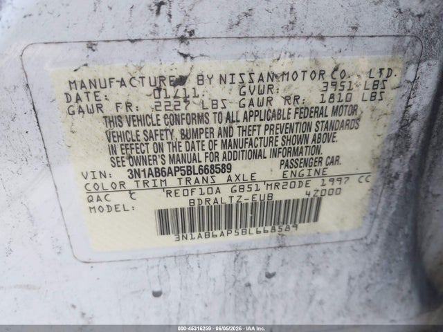Aukcja sprzedaży 2011 Nissan Sentra 2.0s, vin: 3N1AB6AP5BL668589, numer aukcji: 45316259