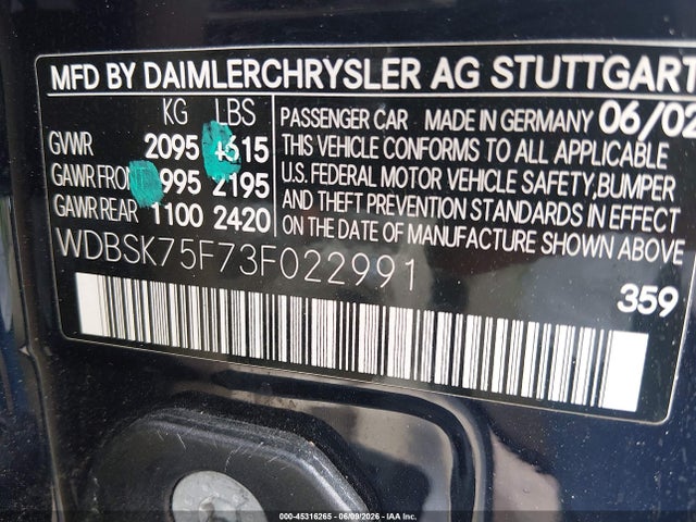 45316265 :رقم المزاد ، WDBSK75F73F022991 vin ، 2003 Mercedes-benz Sl 500 مزاد بيع