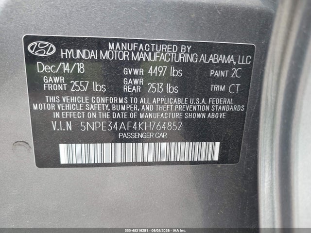 2019 Hyundai Sonata Sel მანქანა იყიდება აუქციონზე, vin: 5NPE34AF4KH764852, აუქციონის ნომერი: 45316281