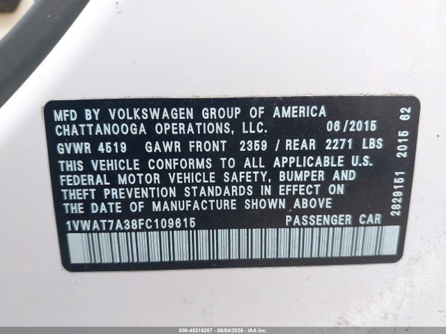 Продаж на аукціоні авто 2015 Volkswagen Passat 1.8t Limited Edition, vin: 1VWAT7A38FC109615, номер лоту: 45316287