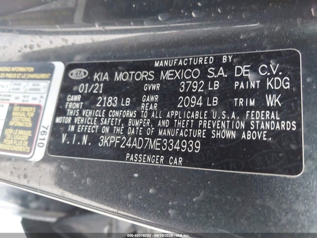 45316292 :رقم المزاد ، 3KPF24AD7ME334939 vin ، 2021 Kia Forte Lxs مزاد بيع