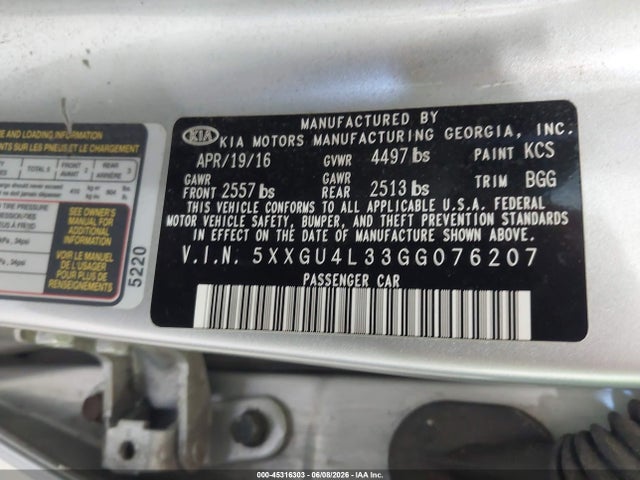 Aukcja sprzedaży 2016 Kia Optima Ex, vin: 5XXGU4L33GG076207, numer aukcji: 45316303