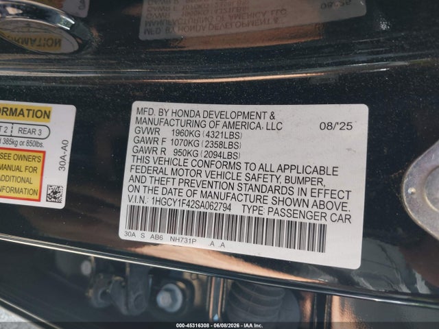 Aukcja sprzedaży 2025 Honda Accord Se, vin: 1HGCY1F42SA062794, numer aukcji: 45316308