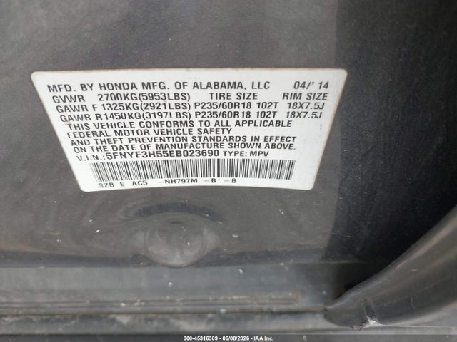 5FNYF3H55EB023690 Honda Pilot Ex-l