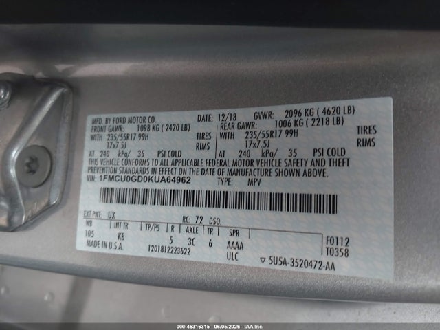Aukcja sprzedaży 2019 Ford Escape Se, vin: 1FMCU0GD0KUA64962, numer aukcji: 45316315