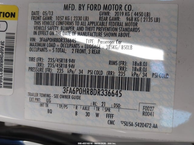 Aukcja sprzedaży 2013 Ford Fusion Se, vin: 3FA6P0HR8DR336645, numer aukcji: 45316316