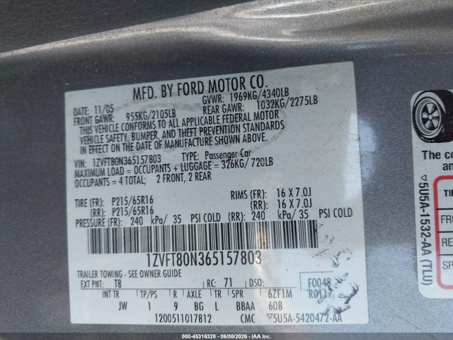 2006 Ford Mustang V6 მანქანა იყიდება აუქციონზე, vin: 1ZVFT80N365157803, აუქციონის ნომერი: 45316328