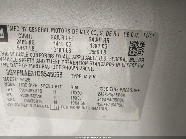 Продажа на аукционе авто 2012 Cadillac Srx Luxury Collection, vin: 3GYFNAE31CS545653, номер лота: 45316330