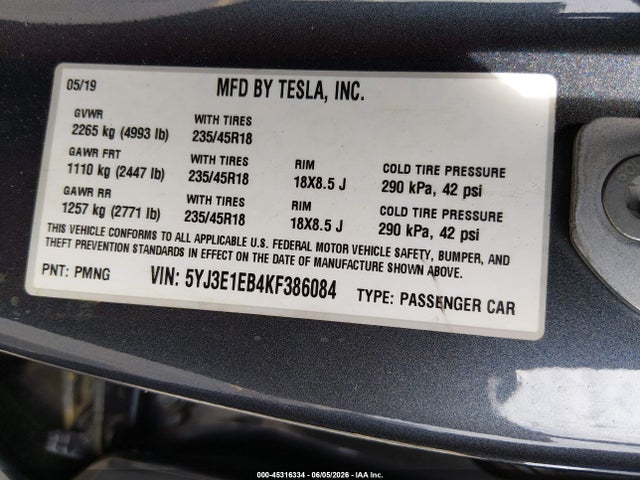 Tesla Model 3 Long Range/performance 2019 5YJ3E1EB4KF386084 Image 9