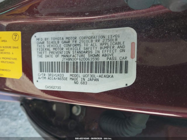 45316340 :رقم المزاد ، JTHBN30F620063590 vin ، 2002 Lexus Ls 430 مزاد بيع