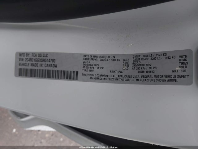 Aukcja sprzedaży 2025 Chrysler Pacifica Limited, vin: 2C4RC1GGXSR514700, numer aukcji: 45316344